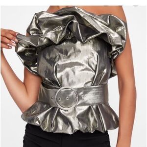 Zara metallic strapless top. Perfect date night outfit. With heels black jeans